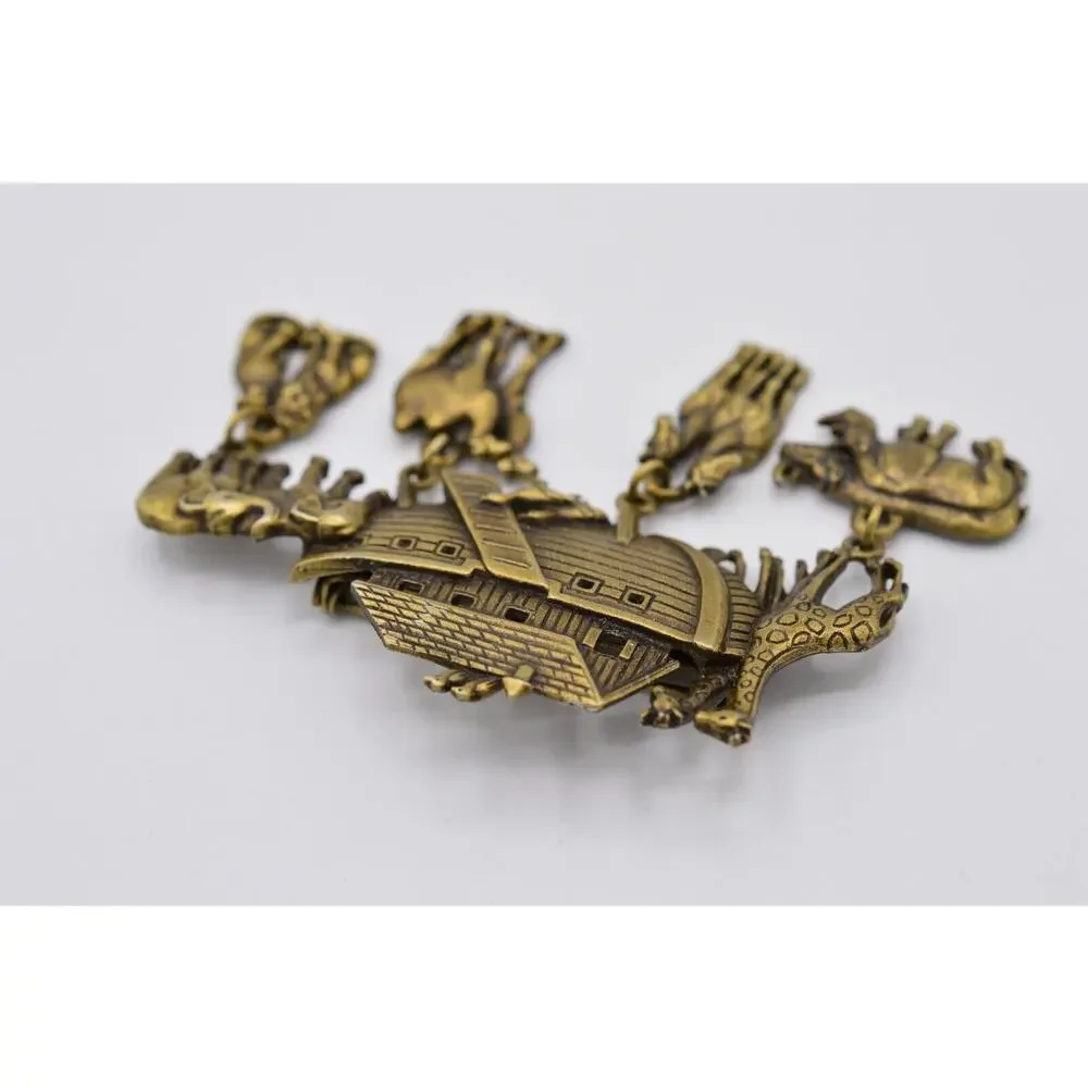 JJ Vintage Noah's Ark Charm Pin Brooch Animal Dangle Brass Signed NOS 80s BinAC